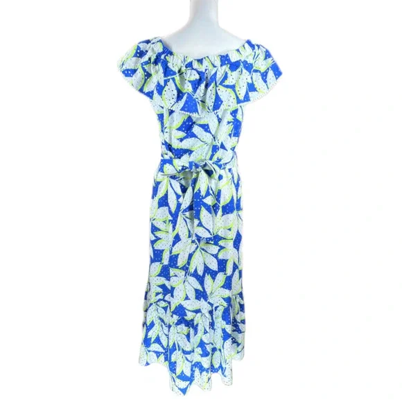 Draper James Eyelet Off Shoulder Midi Flounce Dress XL Multicolor Leaf Print - Picture 4 of 13